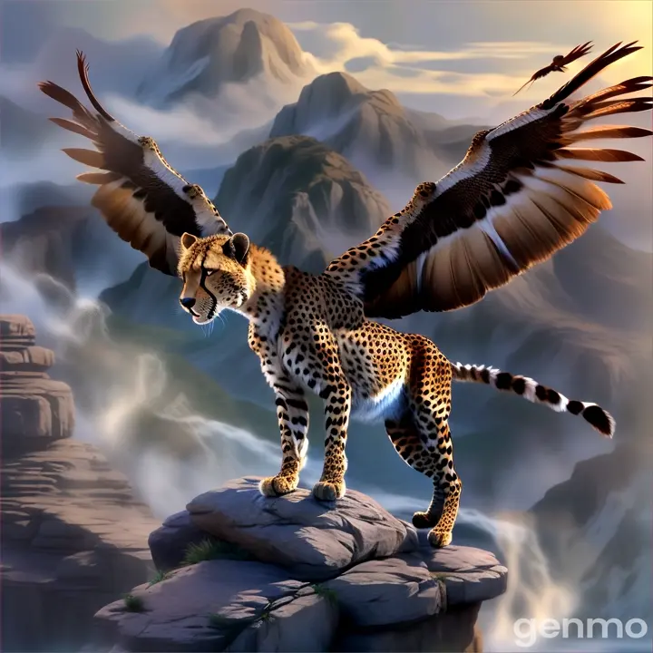 a cheetah is standing on a rock with its wings spread