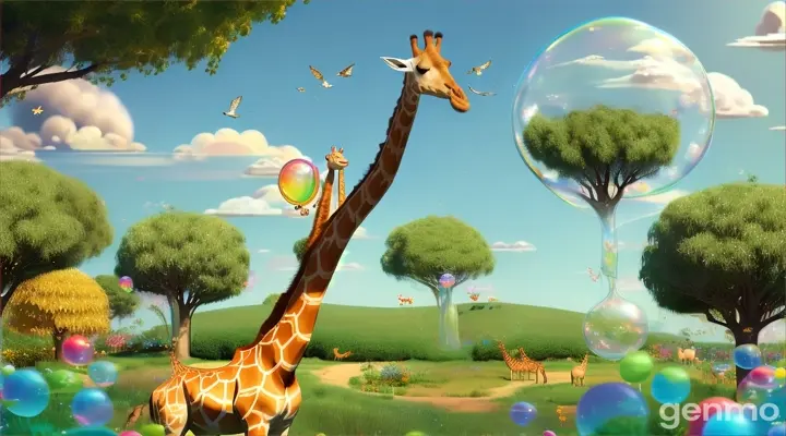 A tall, transparent bubble giraffe with a long neck reaching for the sky. 3d animation for kids. 16:9
