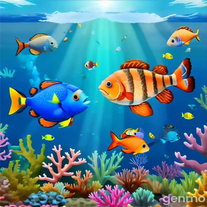 an underwater scene with fish and corals