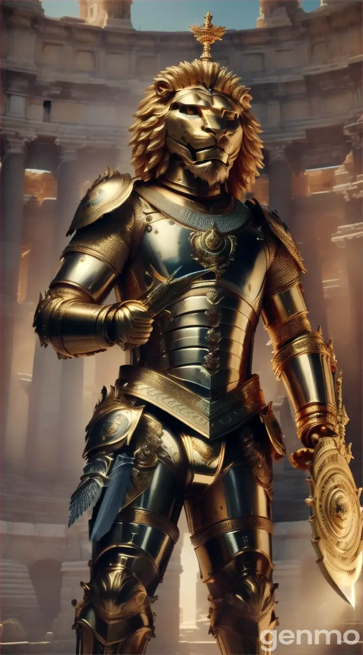 Ultra-realistic and high-definition 8K image of a powerful humanoid lion, with the head and mane of a lion and the muscular body of a human gladiator. The lion wears intricately crafted golden gladiator armor, with its mane flowing wildly in the wind. Its piercing eyes show fierce determination. The scene is set in an ancient Roman Colosseum, where the sand beneath its feet swirls from the battle. The lion stands ready with a massive sword in hand, representing resilience and strength. Cinematic  metallic style
