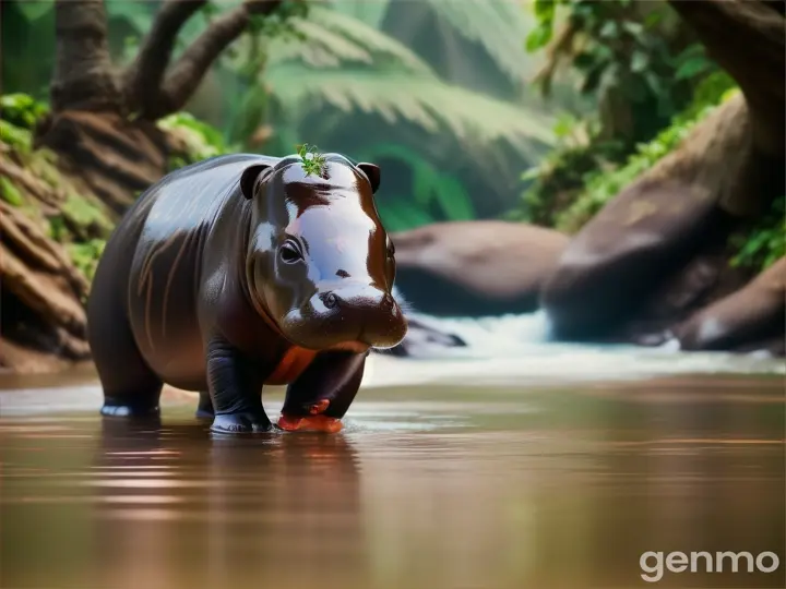 pygmy hippo Dancing in the stream, baby pygmy hippo, landscape, pink cheek, pink lip