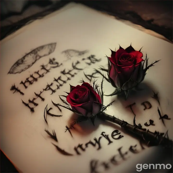 The phrase "underground paradise" in a spooky environment Written in cursive.The letters must be made with a stem with thorns of a dying rose.