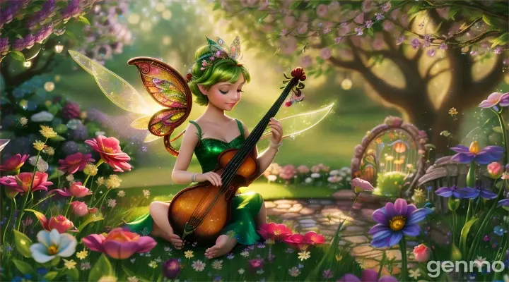 The fairy Thinker Bell plays a harp music instrument with other fairies while they sing in a beautiful flower garden.