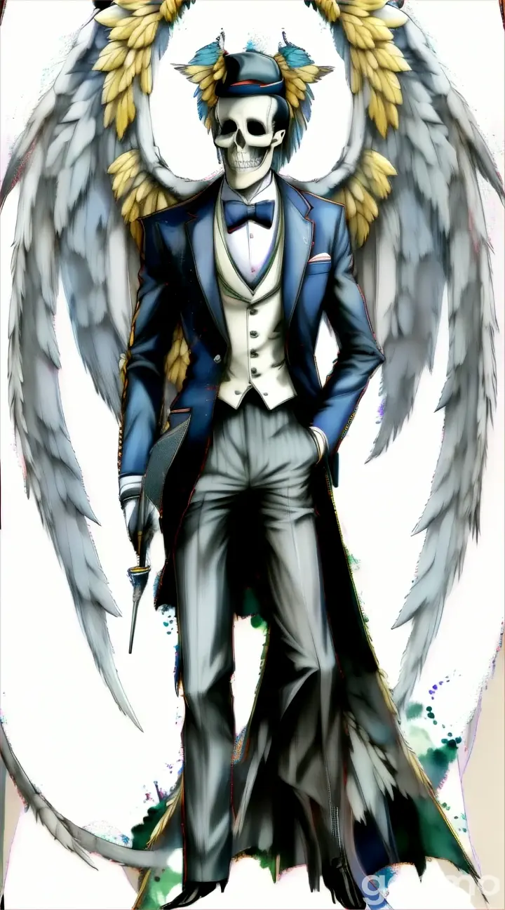 a drawing of a skeleton in a suit with wings