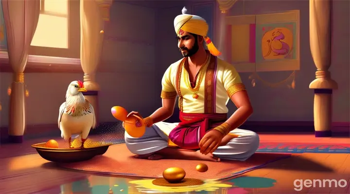 Man  in dhoti sitting on floor saw hen gives golden egg and spread water on it cartoon 