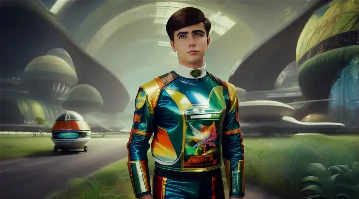 joven 28 años Rod Evans con haircut tamaño medio estilo 1968 en 1968  estilo retro racer  1968s en una nave retro futurista en un paisaje de hermosa vegetación prehistórica ultra realista A watercolor of a futuristic landscape. Contains inspiration from retro sci-fi and jungle visuals, plano de abajo  arriba