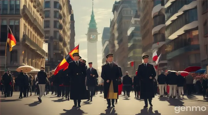 A group of Germans walking down the street flying a German flag