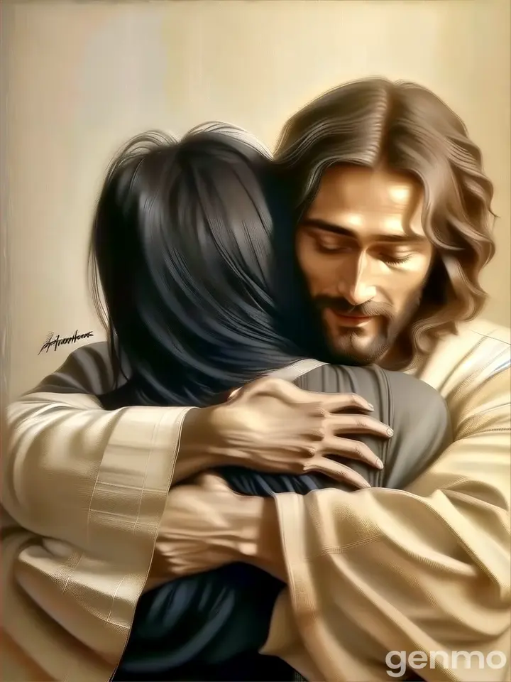 a painting of jesus hugging a woman