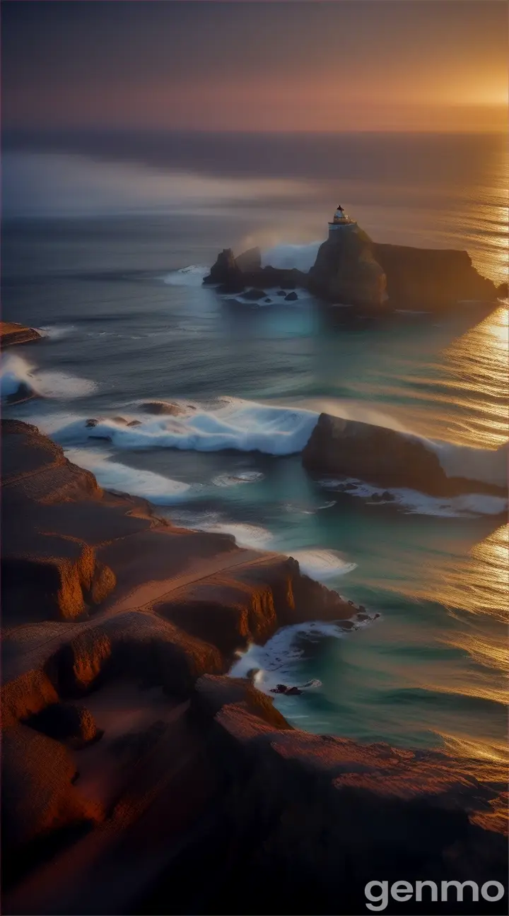 Close up of a lighthouse on a cliff, it is shining its light over a dark sea under a starlit sky