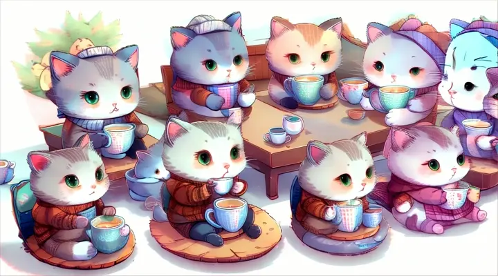 The cats are covered in warm clothes, enjoying a cup of tea. One cat is sitting near a cup of hot cocoa, while others are relaxing on cushions.