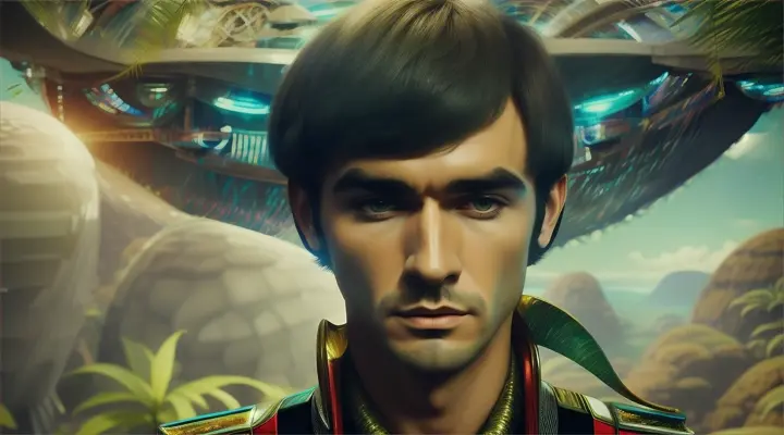 joven 28 años  Rod Evans  en estilo y estética de 1968 con cabello estilo 1968 tamaño medio y con flequillo largo en una nave retro futurista en un paisaje de hermosa vegetación prehistórica ultra realista A watercolor of a futuristic landscape. Contains inspiration from retro sci-fi and jungle visuals, plano de abajo  arriba