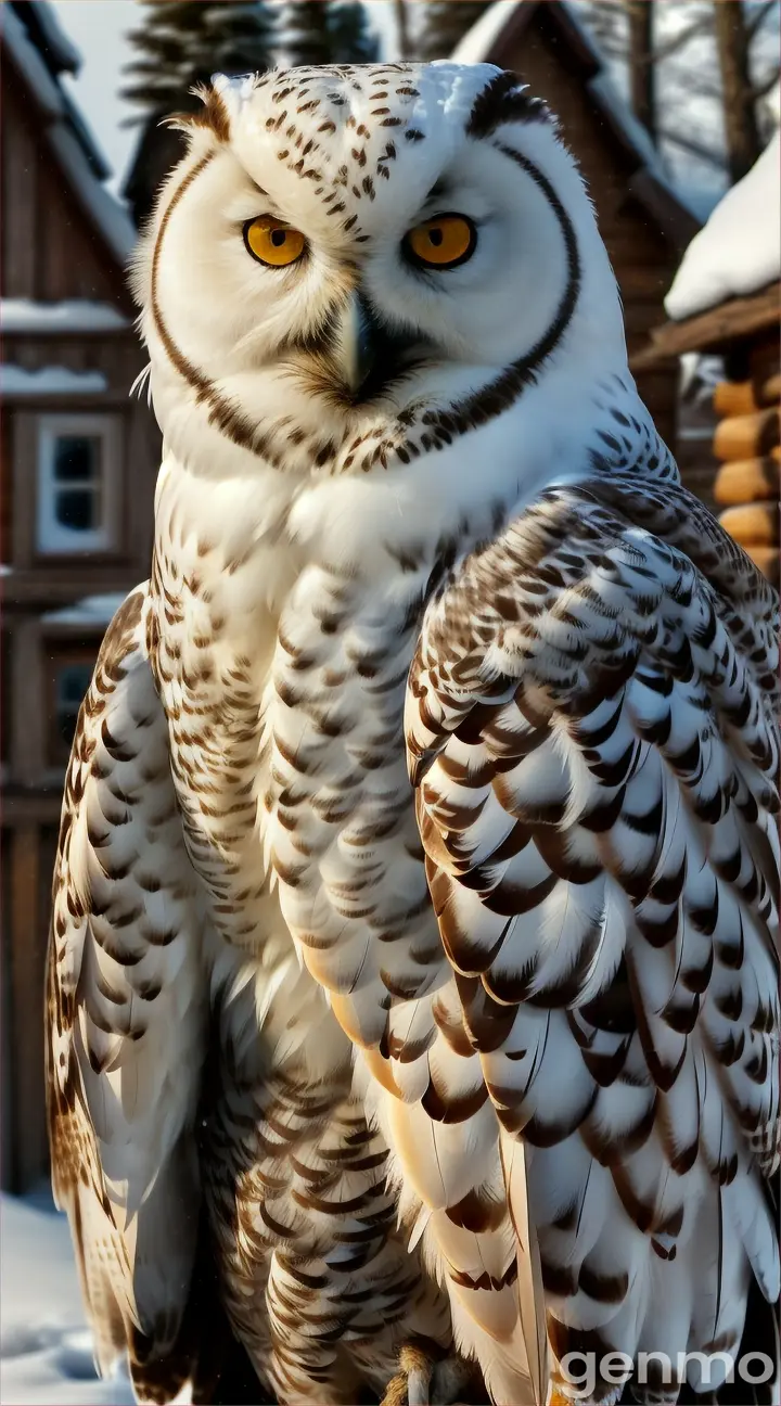 “A vertical 9:16 format image showing the largest owl or snowy owl that has ever existed, with striking white feathers, brown markings, and piercing yellow eyes. The owl is as tall as a human, standing powerfully on the arm of a woman, whose figure is dwarfed by the bird’s immense size. The woman, dressed in a cozy brown coat, smiles gently while holding the enormous owl in a natural outdoor setting, next to a rustic wooden house. The lighting is soft and natural, emphasizing the owl’s majestic and imposing presence, with its feathers detailed and lifelike. The owl’s massive size dominates the scene, making it the center of attention. No text should appear in the image.”
