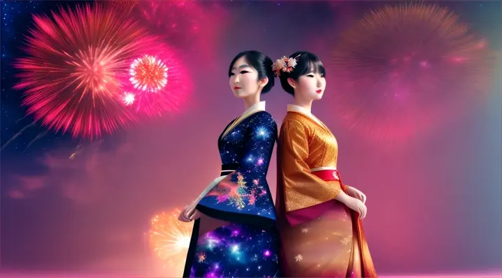 Mujeres bellas japonesas look opulento y elegante. Background galaxy nebulosa y fuegos artificiales...