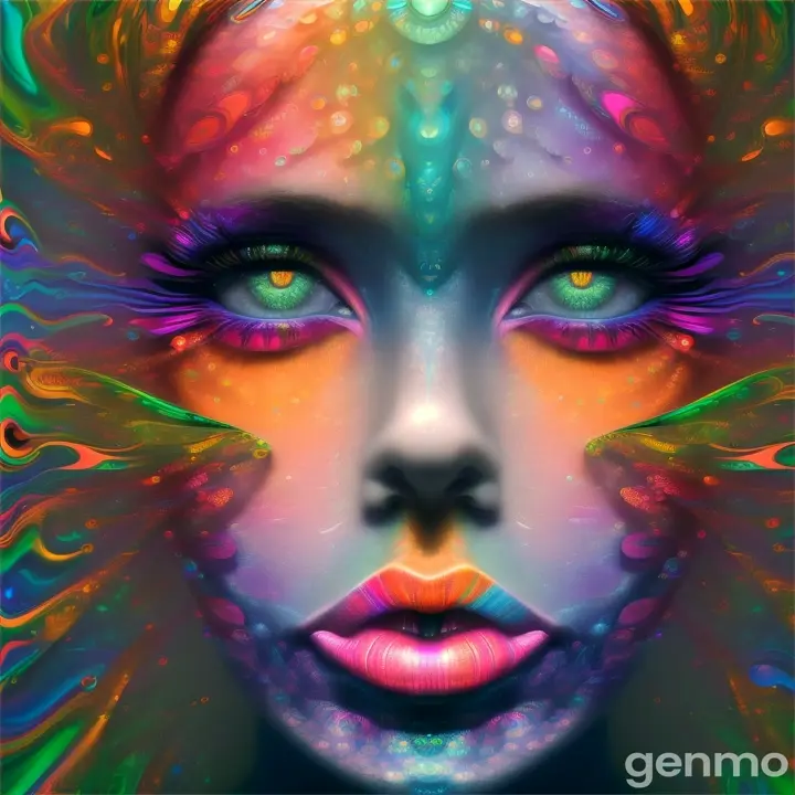 (best quality,4k,8k,highres,masterpiece:1.2),ultra-detailed,(realistic,photorealistic,photo-realistic:1.37),op art style,surrealistic portrait, vibrant iridescent skin, detailed sculpture inspired by Moebius and Beksinski, hypnotic psychedelic background, orange tones, pink tones, green tones, blue tones, oil on water effect, oil painting technique on canvas, black background, strikingly blue eyes, special effects, symmetrical arrangement, surreal, soft airbrush, psychedelic, bioluminescent, silver surfer-like appearance, HDR, UHD, award winning, trending on Artstation