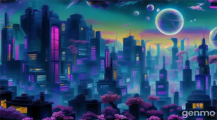 a painting of a futuristic city at night with cherry blossom trees