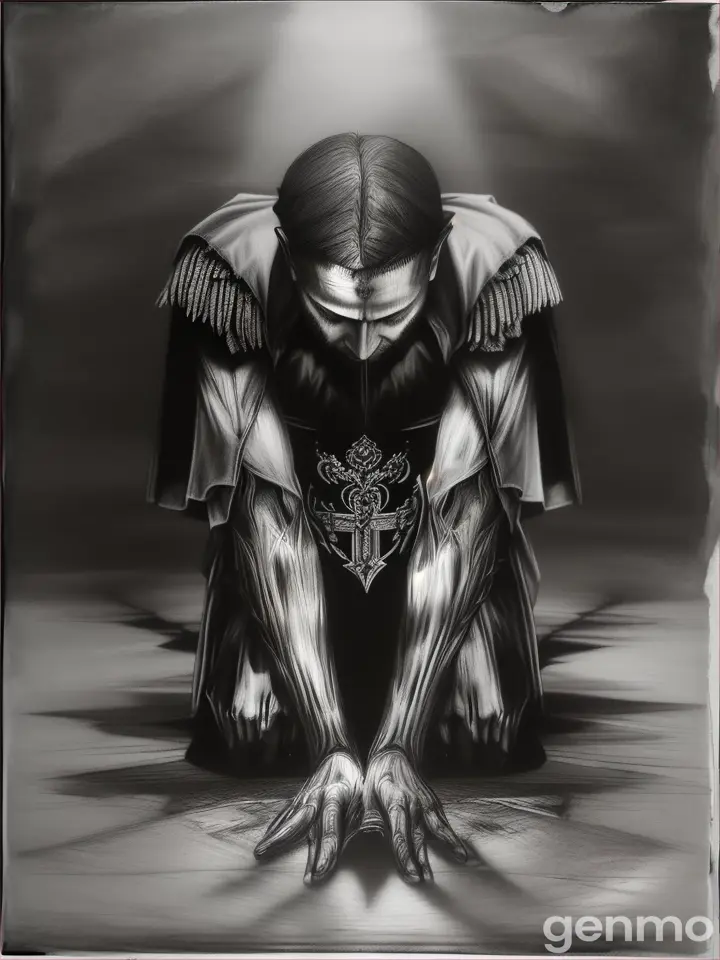 black pencil shading, charcoal drawing, tinted paper, pencil drawing, brutal dark b/w color scheme,
Poster, close up, full length, shadow art. masterpiece, RAW photograpyh,the Fallen Angel on his knees praying, water reflection on the floor,a big scary statue,pessimistic atmosphere,perfect ligthing,