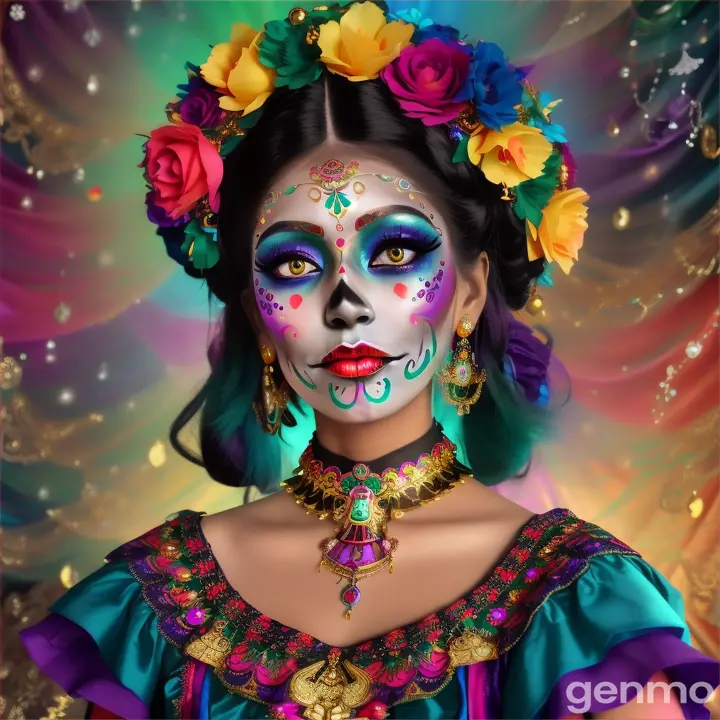 Portrait of a Mexican catrina, richly dressed with gold ornaments and multicolor polished jade jewelry, Mexican Day of the Dead style, catrina, anime style hdr, ethereal body
