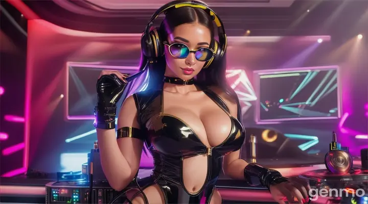 A slender woman with shapely hips and a larger bust than usual, wearing steampunk glasses, shiny headphones and a low-cut latex swimsuit, stands near a DJ mixing console and an electric piano in club. Minimal clothing. Laser beams of bright colors against the background of large television screens.