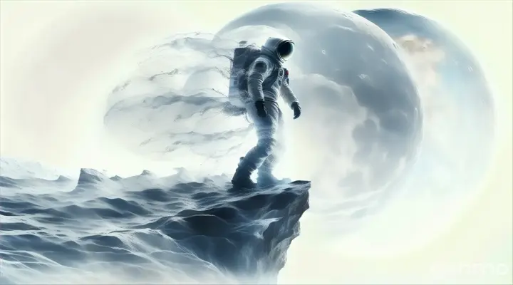 an astronaut standing on top of a mountain next to a giant moon. The man become dust