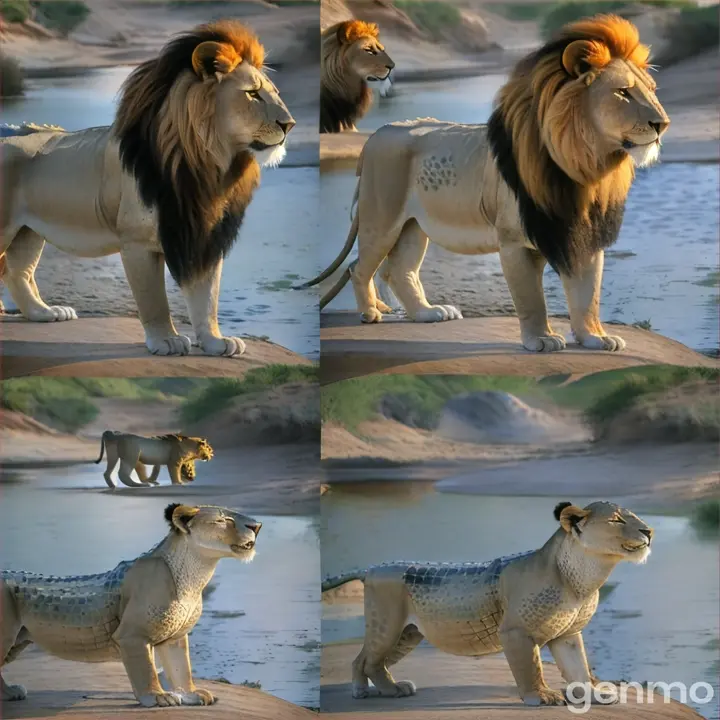 four pictures of a lion standing next to a body of water