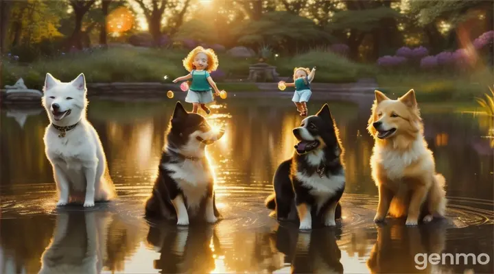 All Friends Together at Sunset: Luna, Max, Bella, and Oliver playing by the sparkling pond, where their reflections dance in the water. They are surrounded by a magical atmosphere with soft fireflies and a golden sunset, creating a warm, dreamy scene that captures the joy of their friendship.
