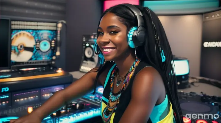 une belle femme noire DJ , souriante,avec des cheveux longs, lisses et noirs, les yeux bleus clairs, avec un casque sur les oreilles et des colliers amérindiens  turquoises autour du cou, mixe avec ses deux platines dans un studio de radio FM. Elle porte un débardeur noir