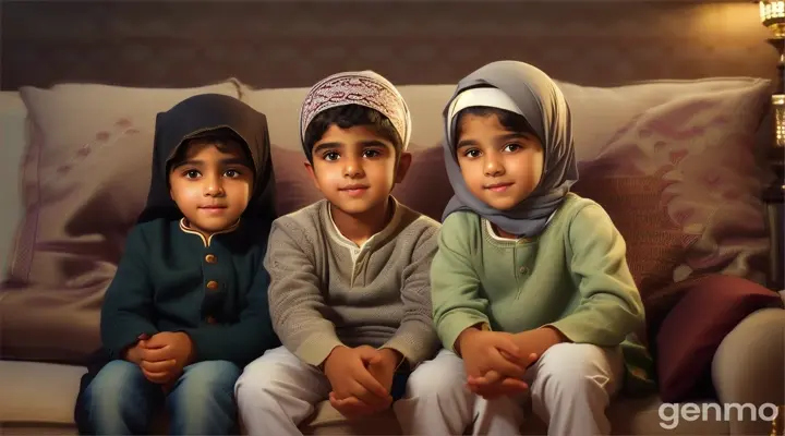 Muslim kids sitting on sofa in room with their grandfather 