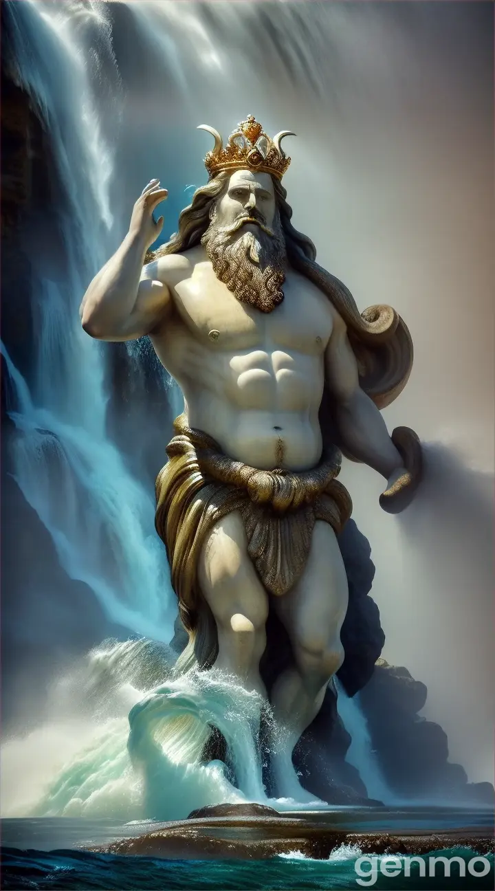 King Neptune standing next to powerful waterfall pouring into the sea, with a blur effect conveying movement and power