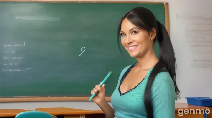 une belle femme de 40 ans,  professeur, souriante, mince, cheveux très noirs et longs, coiffée avec une frange sur le front et une queue de cheval,aux yeux vert clair est au tableau, avec une règle dans le main. Vu du fond de la classe.elle est habillée en bleu.