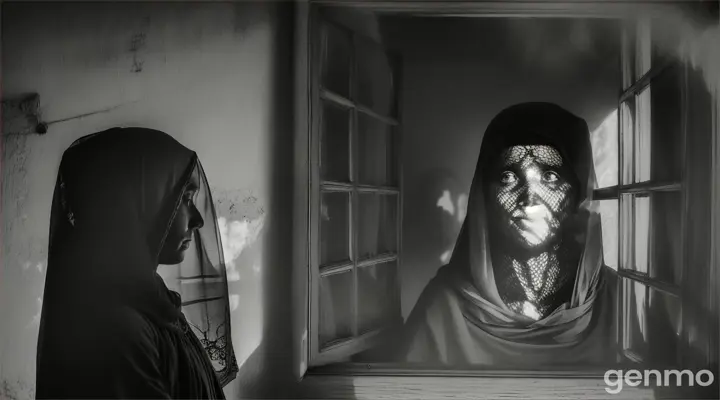 Inside a dimly lit home, a villager looks terrified, peeking through a window. Outside, Shaiyesta’s woman horror ghostly figure is seen, her face hidden by her veil, while the villager’s face shows fear. In the background, the village is engulfed in shadows, with a sense of unease in the air."