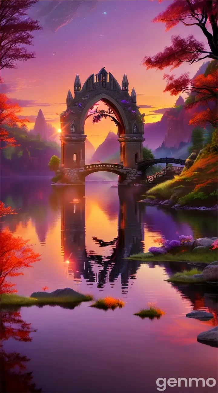 Create a breathtaking fantasy landscape at sunset, with towering, mystical mountains in the background. The foreground features a crystal-clear lake reflecting the vibrant oranges, purples, and pinks of the sky. Ancient, majestic trees with glowing leaves line the shore, and a stone bridge arches gracefully across the water. Ethereal creatures, like glowing butterflies and floating spirits, add a magical touch to the scene. The atmosphere should feel serene and enchanting, with soft, warm lighting and a peaceful vibe