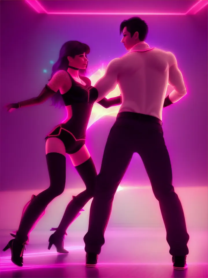  in a dimly lit room, adorned with red and purple hues, eron black and scorpio dance the mambo, 3d_cartoon style