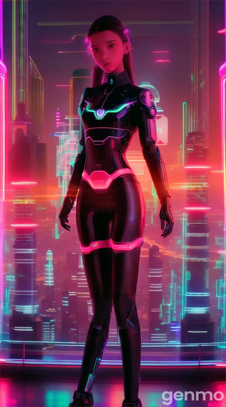 “A futuristic city setting with neon lights and holographic ads, the smart teenaged Ai girl running through as a blur of movement with her baggy red outfit standing out, perfect clear prominent features, perfect movements motion and animations, perfect hands feet fingers, perfect face, 9:16 ratio”