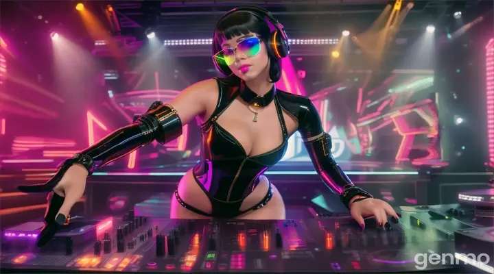 A slender woman with shapely hips and a larger-than-usual bust, wearing steampunk glasses, shiny headphones and a low-cut latex swimsuit, dances near a DJ mixing console and an electric piano in a club. Minimal clothing. Laser beams of bright colors against the backdrop of large television screens.