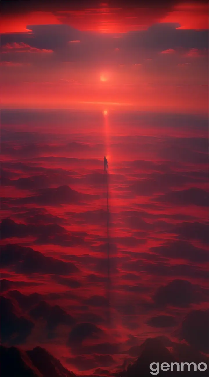 Ultra-realistic and high-definition 8K image of the infinite red horizon, with shadowy, ethereal figures in the distance. The oppressive atmosphere weighs down on the viewer, while the protagonist is barely visible, lost in the desolate expanse, surrounded by torment. Cinematic style, aspect ratio 16:9.