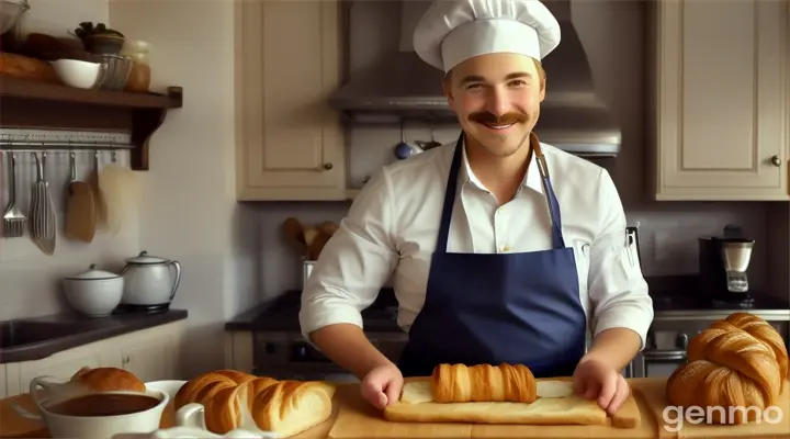 un cuisinier joufflu, souriant, gros, blond avec une moustache est dans sa cuisine et prépare un petit déjeuner avec bol de café, croissants, baguettes de pain et beurre. Il porte une toque de cuisinier sur la tête.