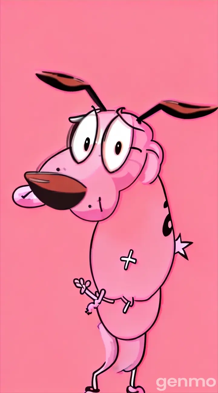 a pink dog with a black nose and a brown nose