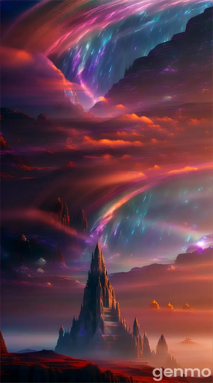 Illustrate a breathtaking, otherworldly landscape fit for a divine deity, with sweeping arches of iridescent clouds, gleaming crystal spires that pierce the sky, and luminous, gemstone-encrusted structures that shimmer like stardust, set against a backdrop of deep, rich twilight hues, with subtle, shimmering mist that suggests mystique and ancient, forgotten knowledge, where gods might convene in grandeur and majesty, with delicate, filigree-like bridges connecting ethereal, glowing islands that appear to defy gravity, and in the distance, a radiant, pulsing aura that illuminates the horizon, as if the very fabric of reality is being reshaped by divine will