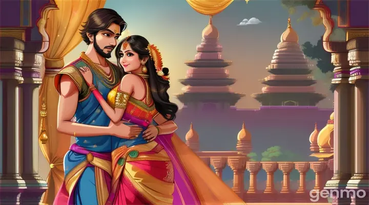 A beautiful woman in saree hug the king  in dhoti cartoon 