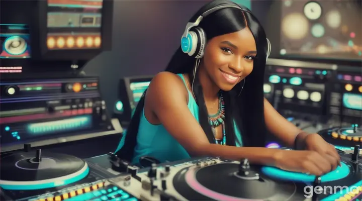 une belle femme noire DJ , souriante,avec des cheveux longs, lisses et noirs, les yeux bleus clairs, avec un casque sur les oreilles et des colliers amérindiens  turquoises autour du cou, mixe avec ses deux platines dans un studio de radio FM. 