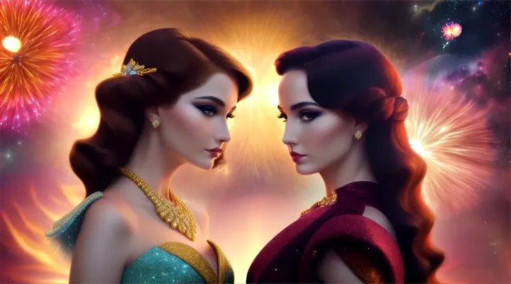 Mujeres bellas americanas look opulento y elegante. Background galaxy nebulosa y fuegos artificiales...