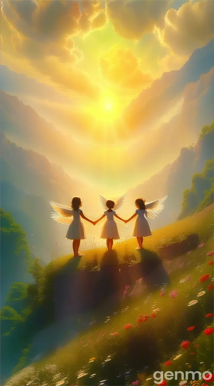 two little girls holding hands while standing on a hill