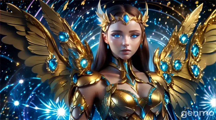 a woman dressed in gold and blue with wings