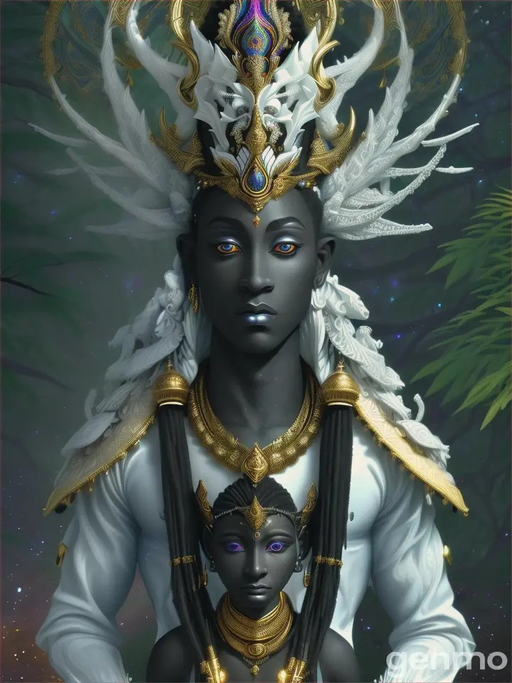 Create a black orisha deity who wears white and carries a cosmic chameleon on his shoulders, revering Olodumare, a deity of pure light and magnificence 