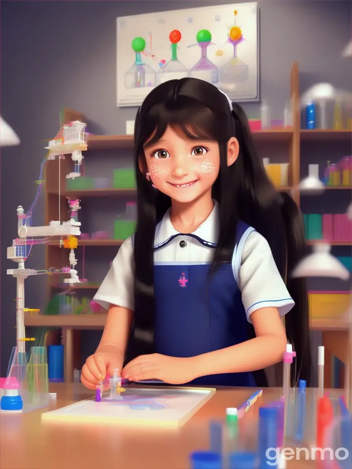 A primary school cute girl student in black long hair and smiling happy feelings is creating a science model project in the laboratory zoom on project in 3d cartoon