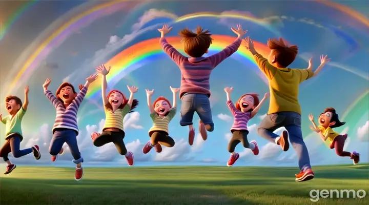 a group of kids jumping in the air in front of a rainbow