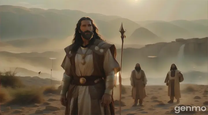 a man with long hair and a beard standing next to another man in a desert