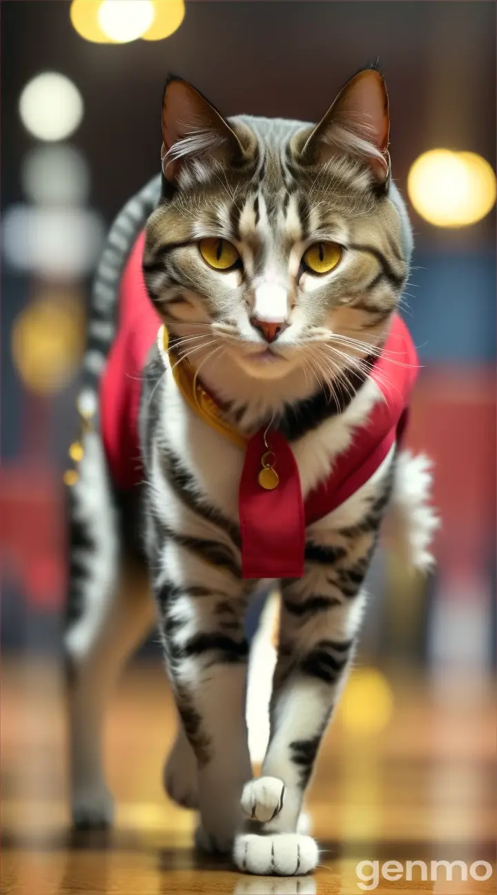 have you gone mad?? repeatedly I am saying a cat is wearing red shirt and jeans walking down ramp, you are just creating only a cat waking, where is the red shirt and jean , 9:16 ratio