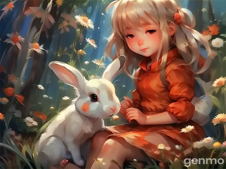 a painting of a little girl sitting next to a bunny