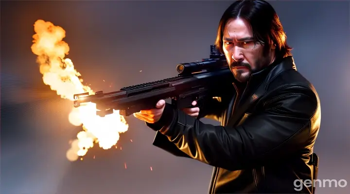 "Create an action-packed scene featuring a character similar to John Wick. He is holding a sleek, tactical rifle with a black matte finish, skillfully moving through a dimly lit, urban environment. Show intense close-up shots of him aiming and firing the rifle with precision, taking down enemies with smooth, fluid motions. The scene should have dynamic camera angles, capturing the character's speed and intensity. Include a gritty, dark color palette with a tense, suspenseful atmosphere."
